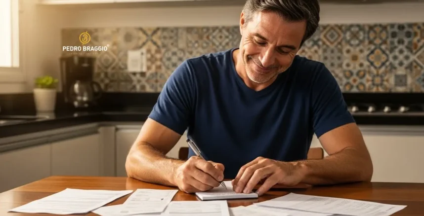 Saiba o que mudar em 2026 para ganhar bem e evitar dividas Imagem de um homem brasileiro feliz organizando suas contas após uma consultoria financeira com pedro braggio em 2026