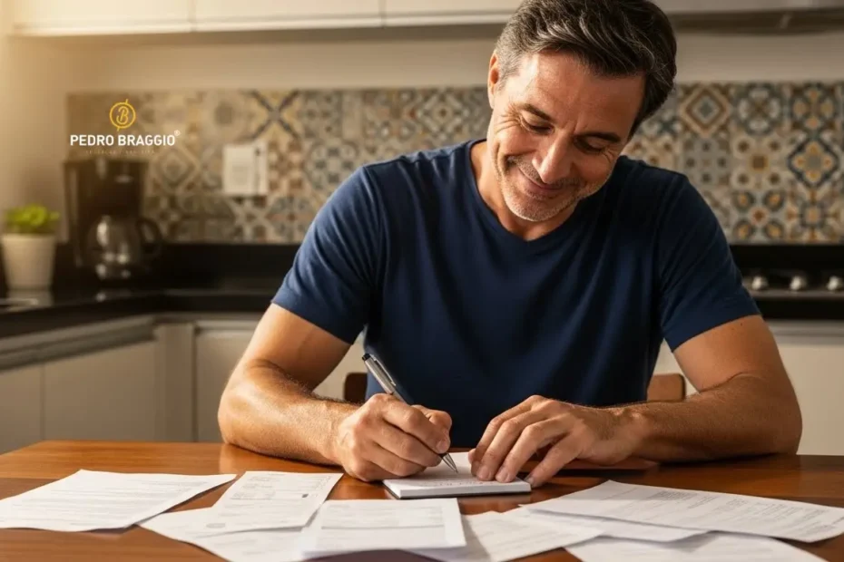 Você Ganha Bem, Mas o Dinheiro Ainda Tira Seu Sono? 2026 Pode Mudar Isso 1 Imagem de um homem brasileiro feliz organizando suas contas após uma consultoria financeira com pedro braggio em 2026